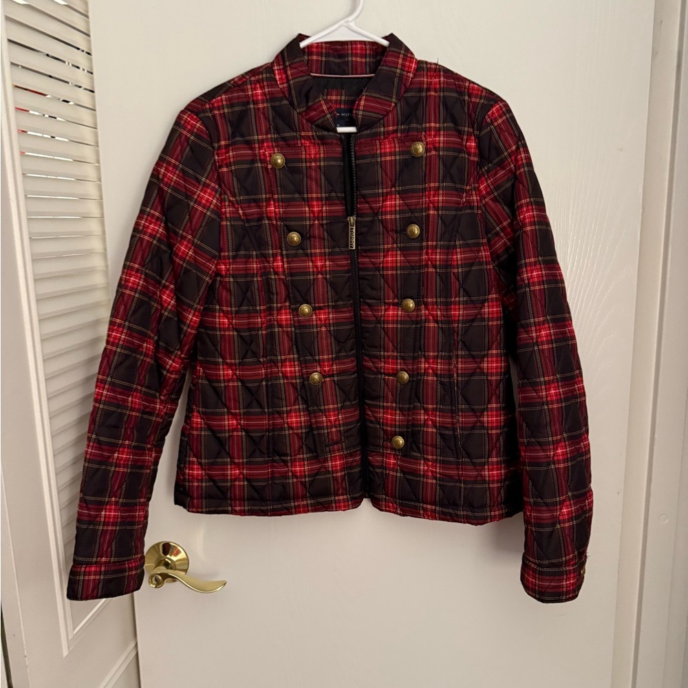 Tommy Hilfiger Red and Black Plaid Quilted Military-Style Jacket